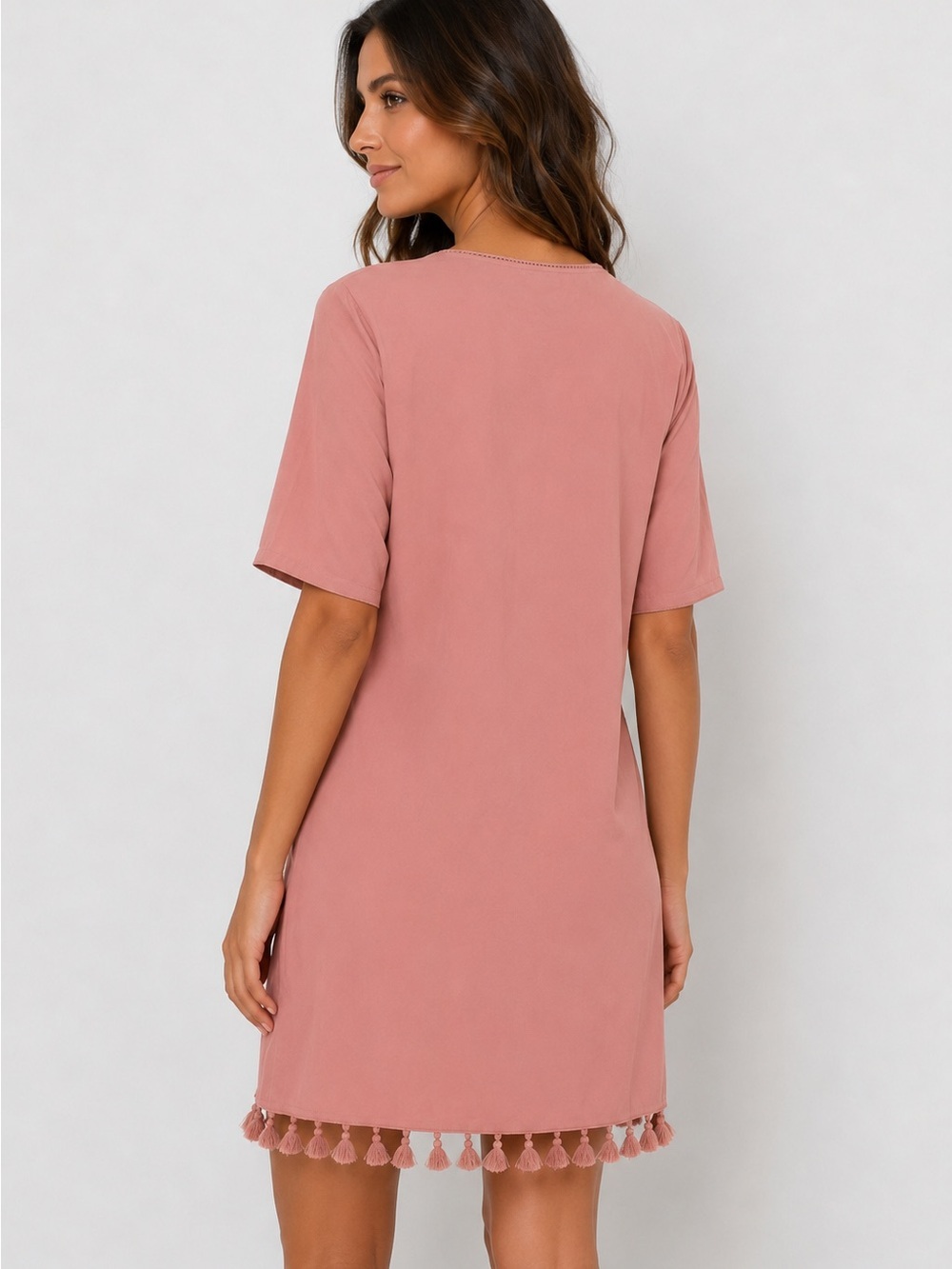 Fate Dusty Rose V-Neck Tassel Hem Shift Dress - Picture 2 of 7